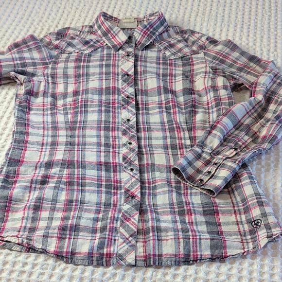 Ariat Women's Plaid Button-Down Shirt - Pink and Gray Embroided Back - Picture 11 of 11